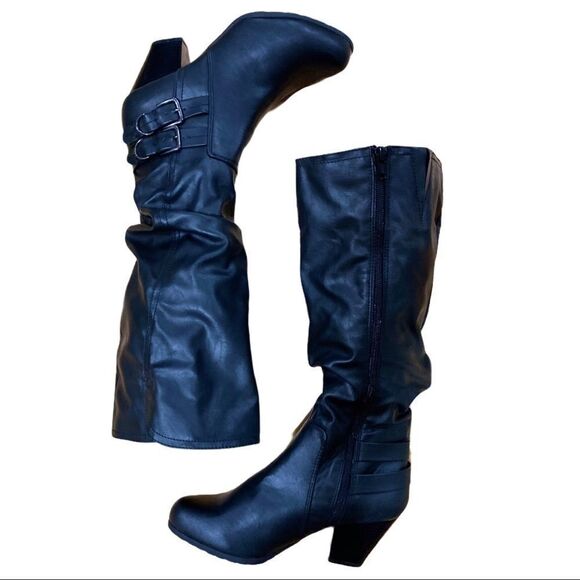 Black Double Buckle Wood Grain Heel Slouchy Tall Boots NEW - Picture 4 of 4